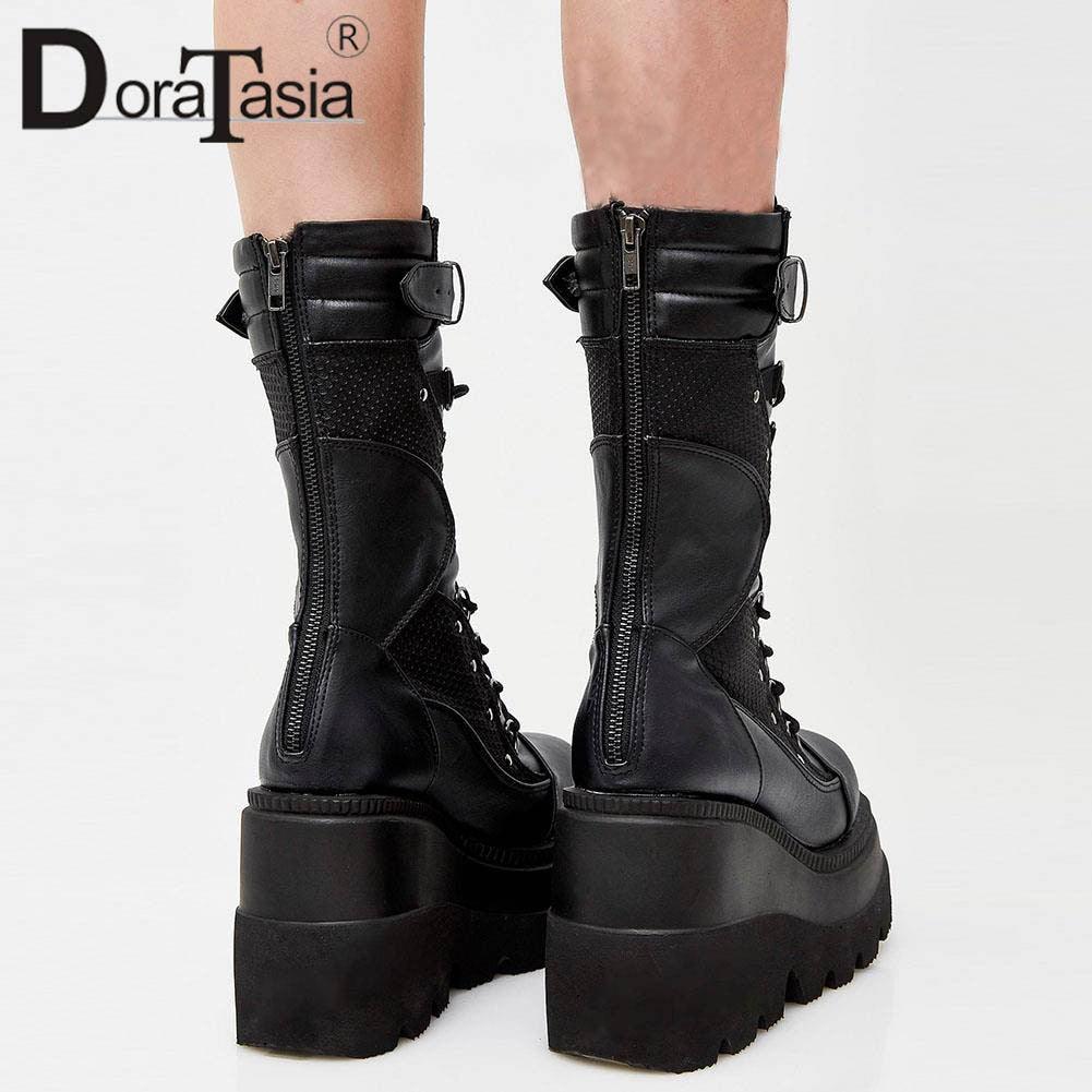 Punk Gothic High Platform Boots, Amazing Lace-Up Mid-Calf Shoes For Women - Wonder Skull