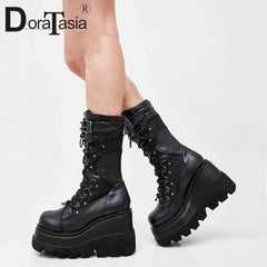 Punk Gothic High Platform Boots, Amazing Lace-Up Mid-Calf Shoes For Women - Wonder Skull