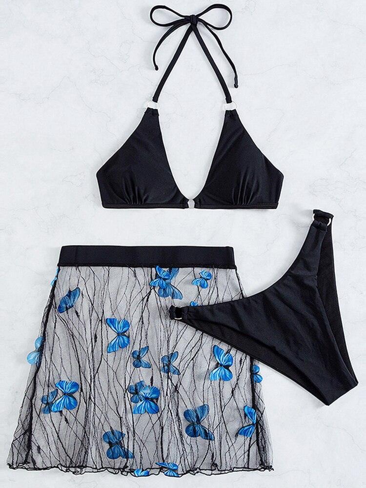 Sexy Three Pieces Bikini With Butterfly, Creative Mesh Beach Cover Up Swimwear For Women - Wonder Skull