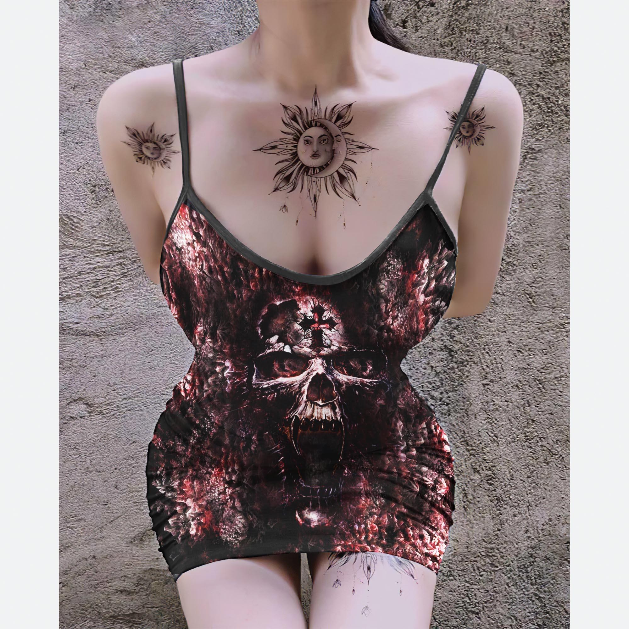 Scary Cross Skull Printed Body Dress, Naughty Sleeveless Minidress For Women-Wonder Skull