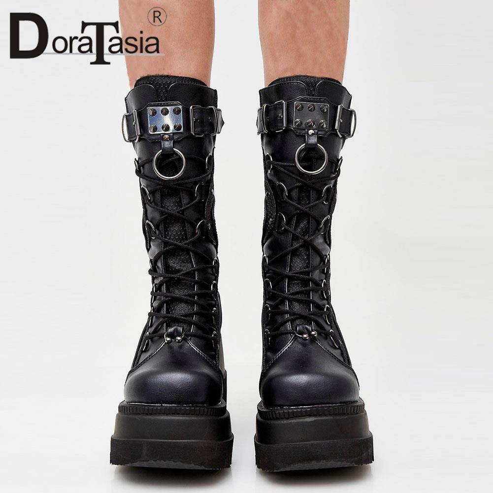 Punk Gothic High Platform Boots, Amazing Lace-Up Mid-Calf Shoes For Women - Wonder Skull