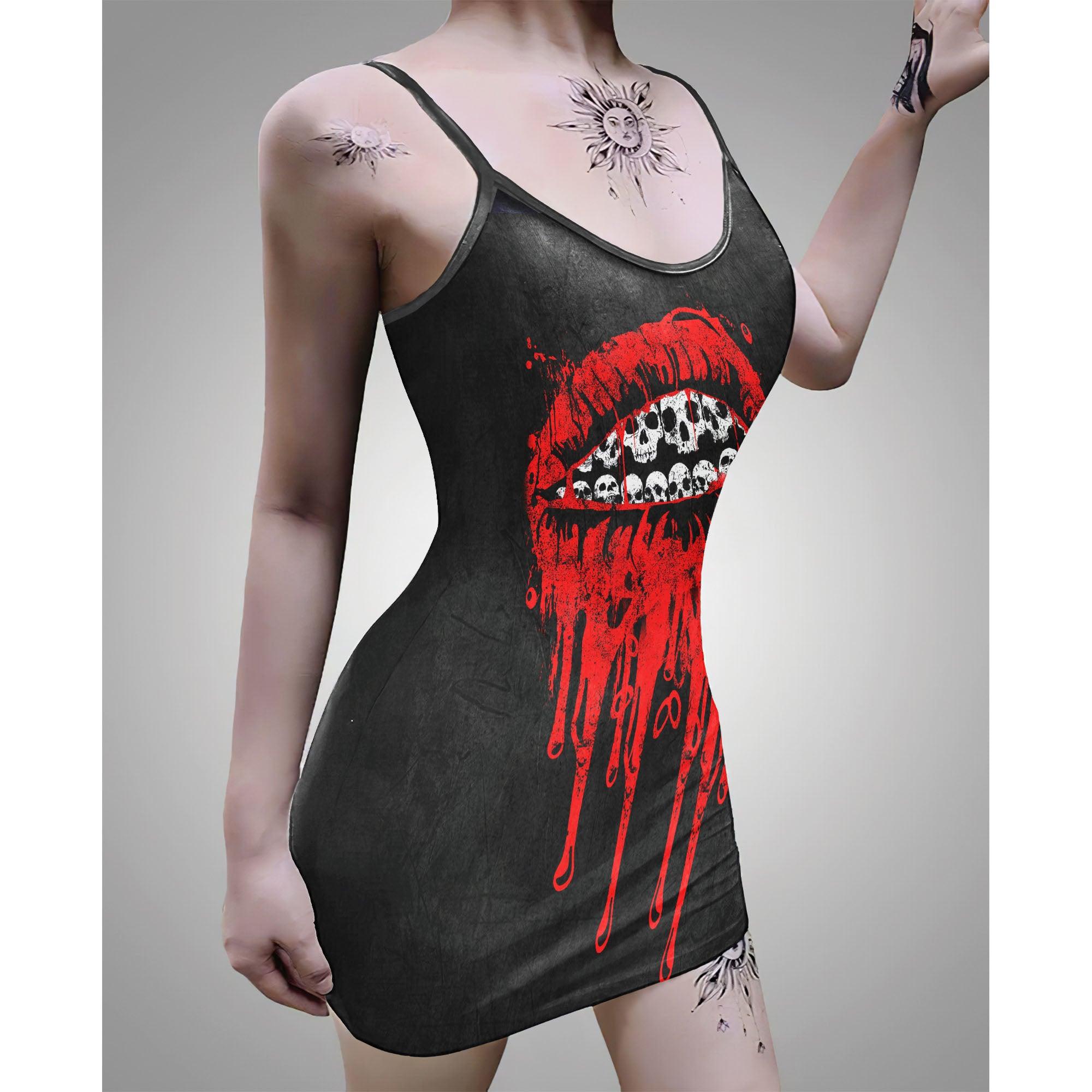 Sexy Bloody Skull Lips Printed Body Dress, Naughty Sleeveless Minidress For Women-Wonder Skull