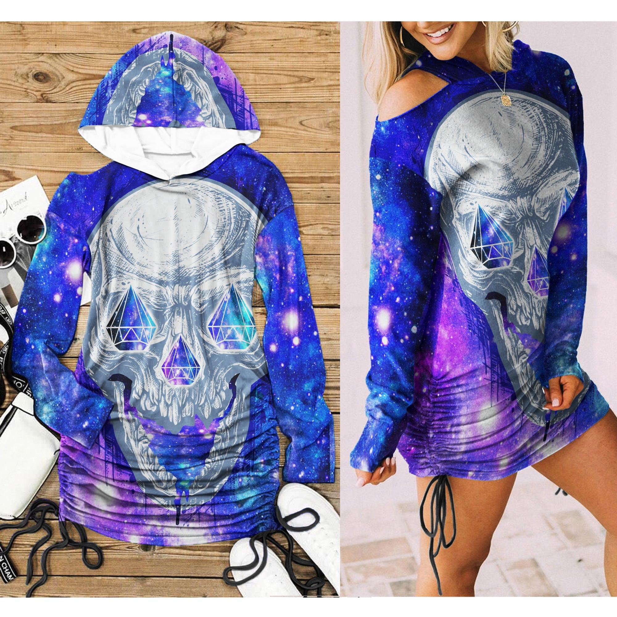 Sexy Diamond Rainbow Skull Print Open Shoulder Dress-Wonder Skull