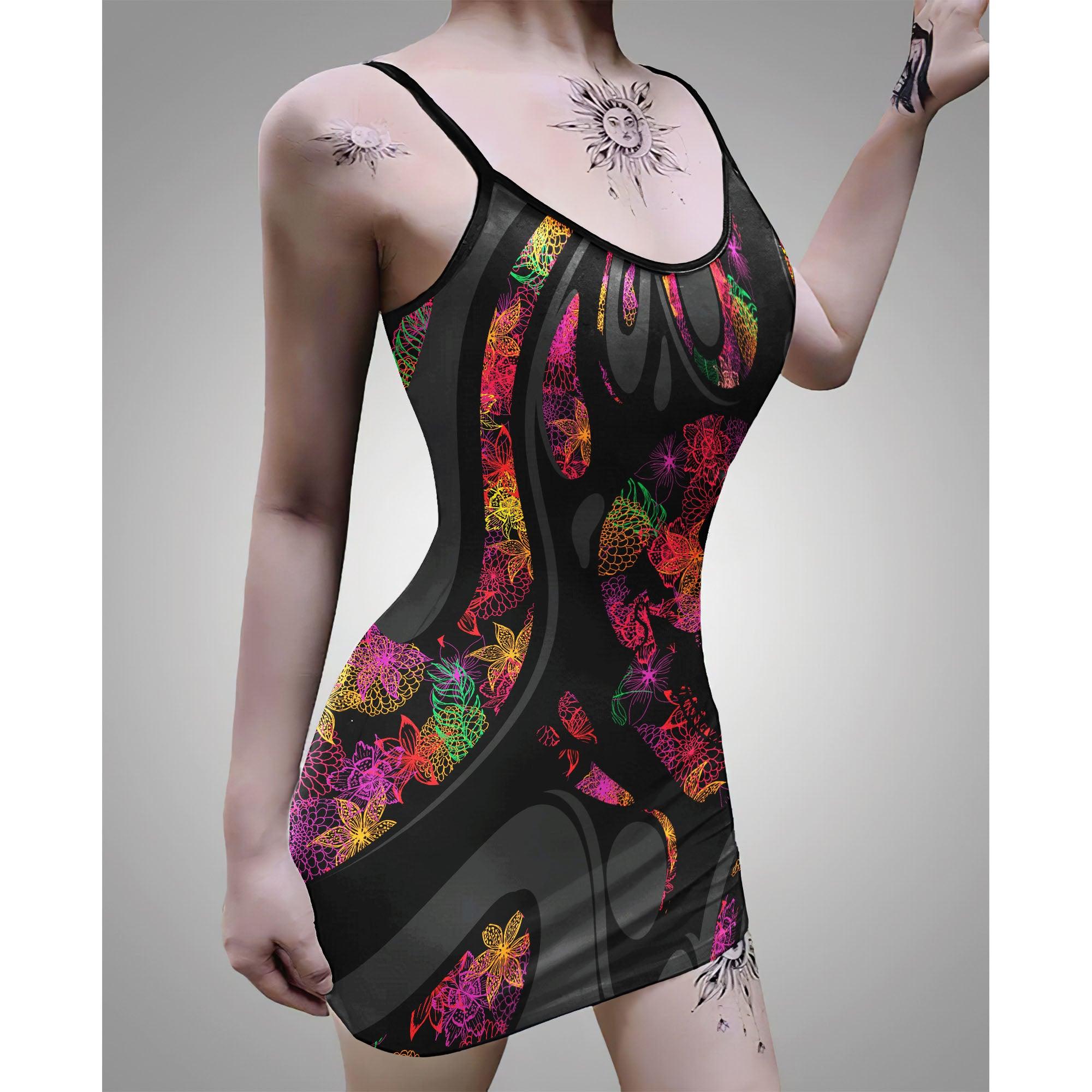 Sexy Gradient Neon Skull Print Dress-Wonder Skull