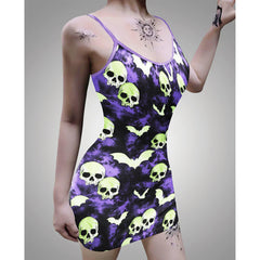 Sexy Purple Green Skull Bat Gothic Print Dress For Women- Wonder Skull