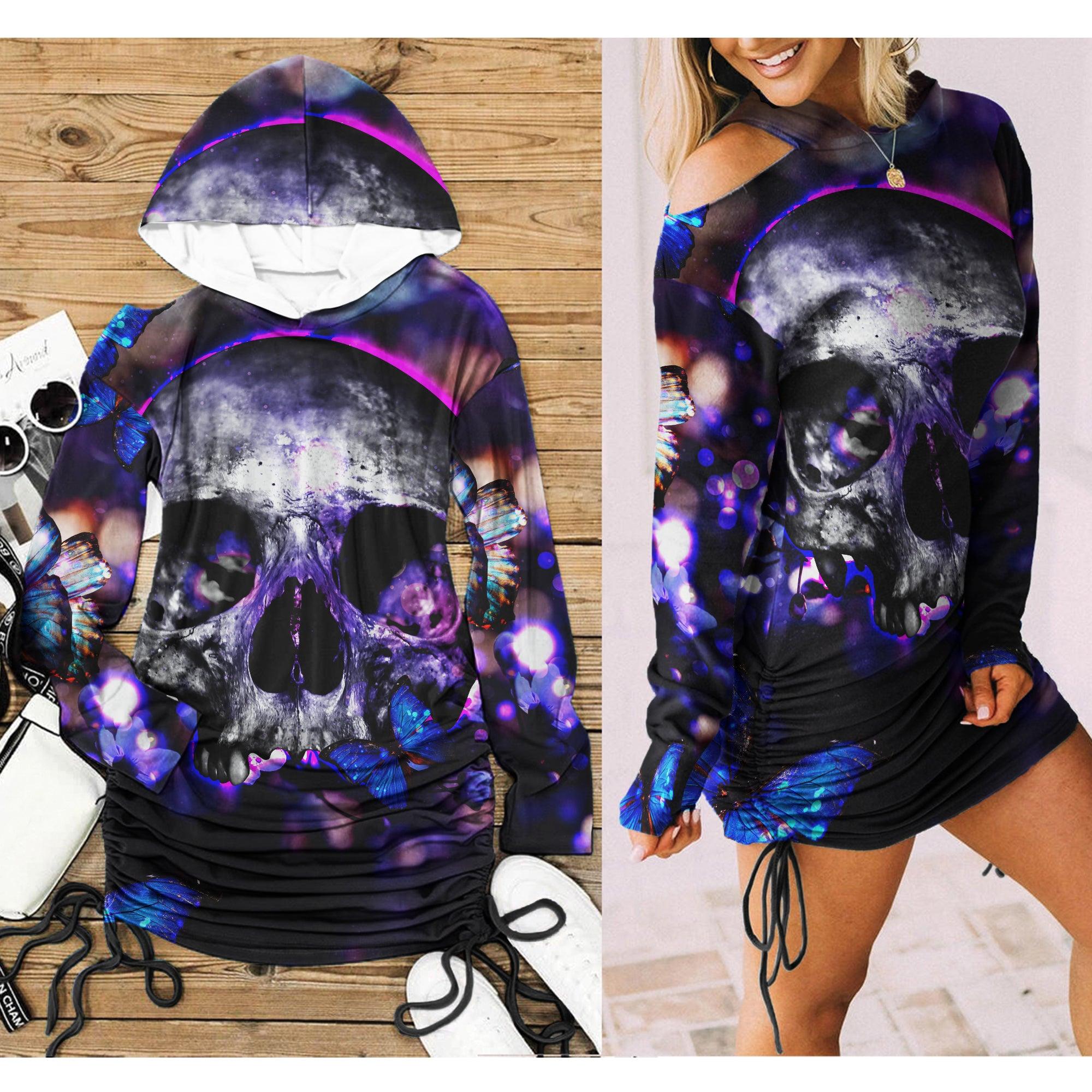 Sexy Violet Skull Butterfly Print Open Shoulder Dress- Wonder Skull