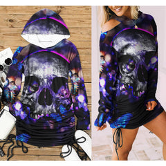Sexy Violet Skull Butterfly Print Open Shoulder Dress- Wonder Skull