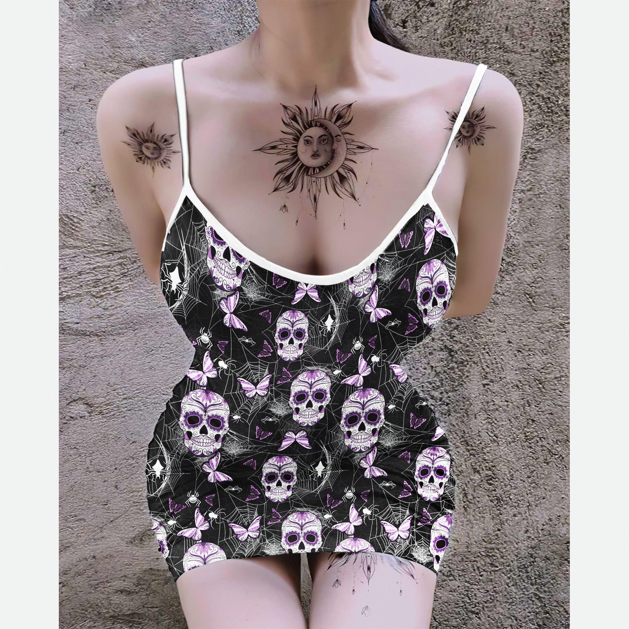 Sexy White Violet Skull Mandala Print Dress-Wonder Skull