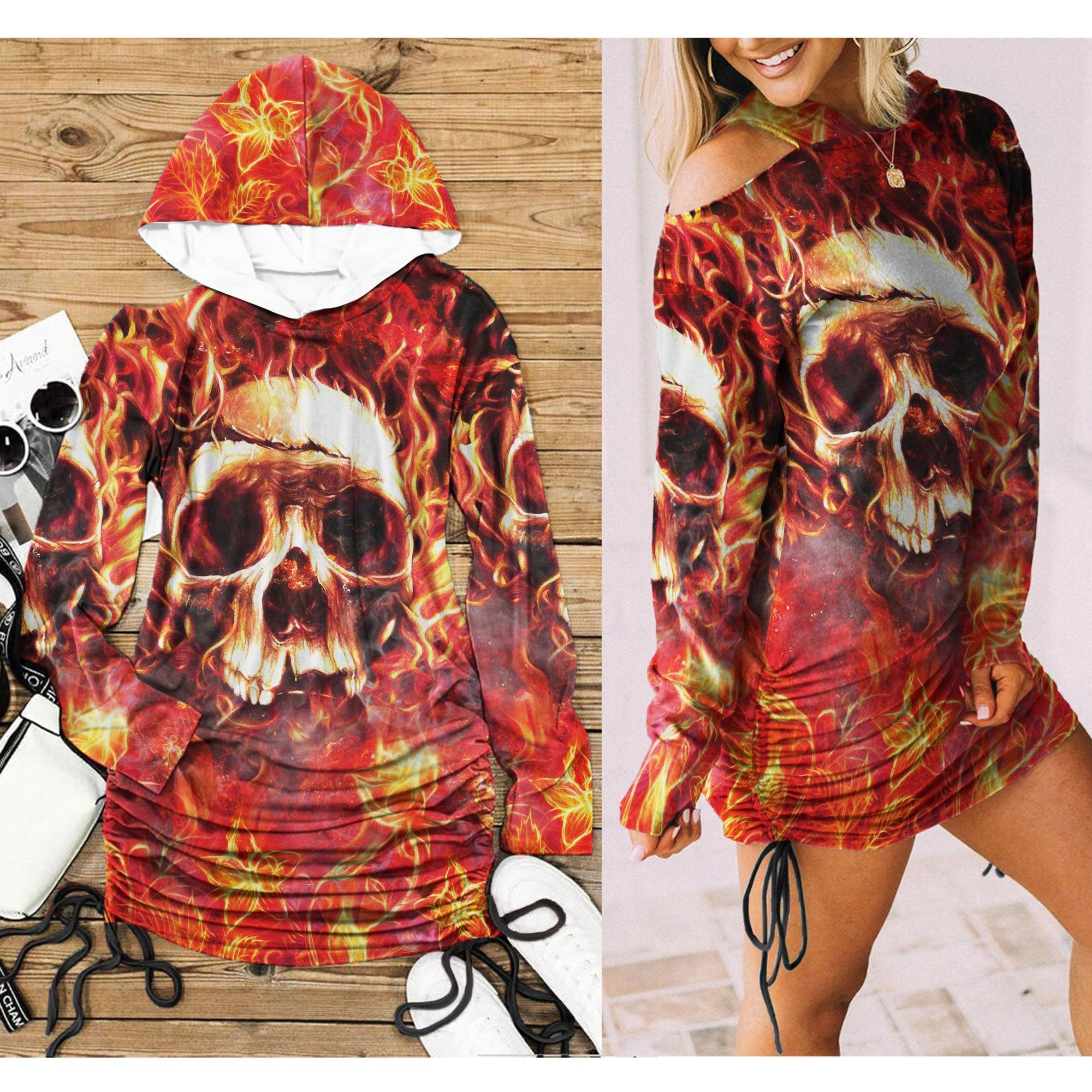 Skull Fire Heaven All Over Print Women One Shoulder Dress With Waist Shirring, Long Hoodie For Women - Wonder Skull