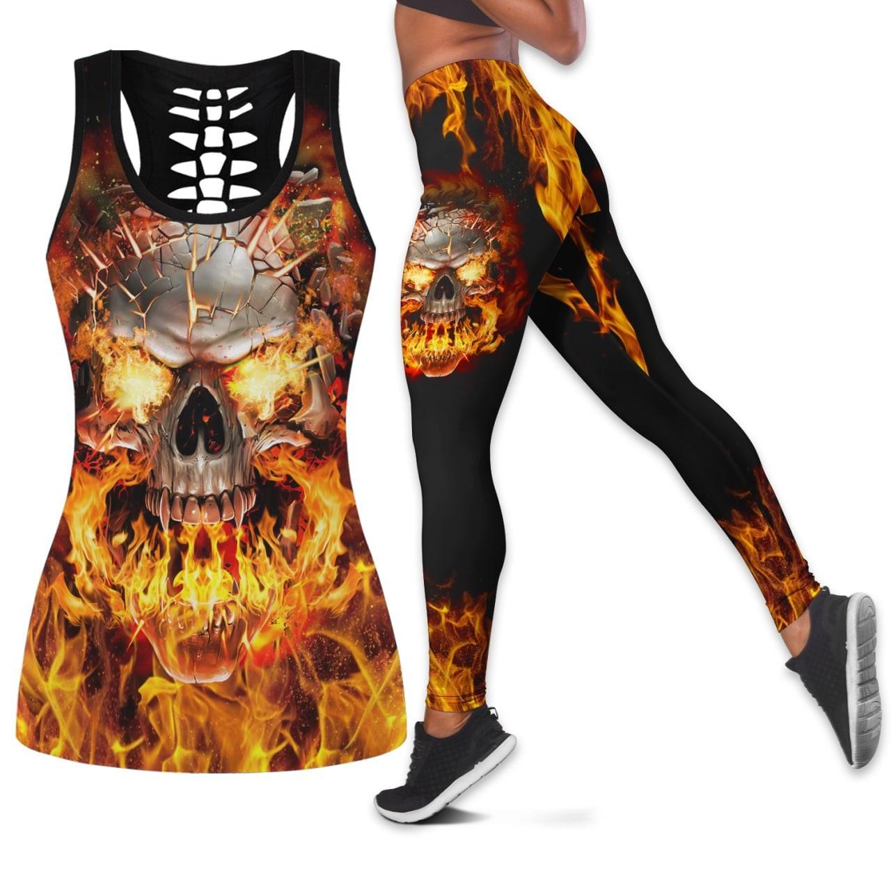 Skull Gothic Flame Leggings And Hollow Tank Top Set-Wonder Skull