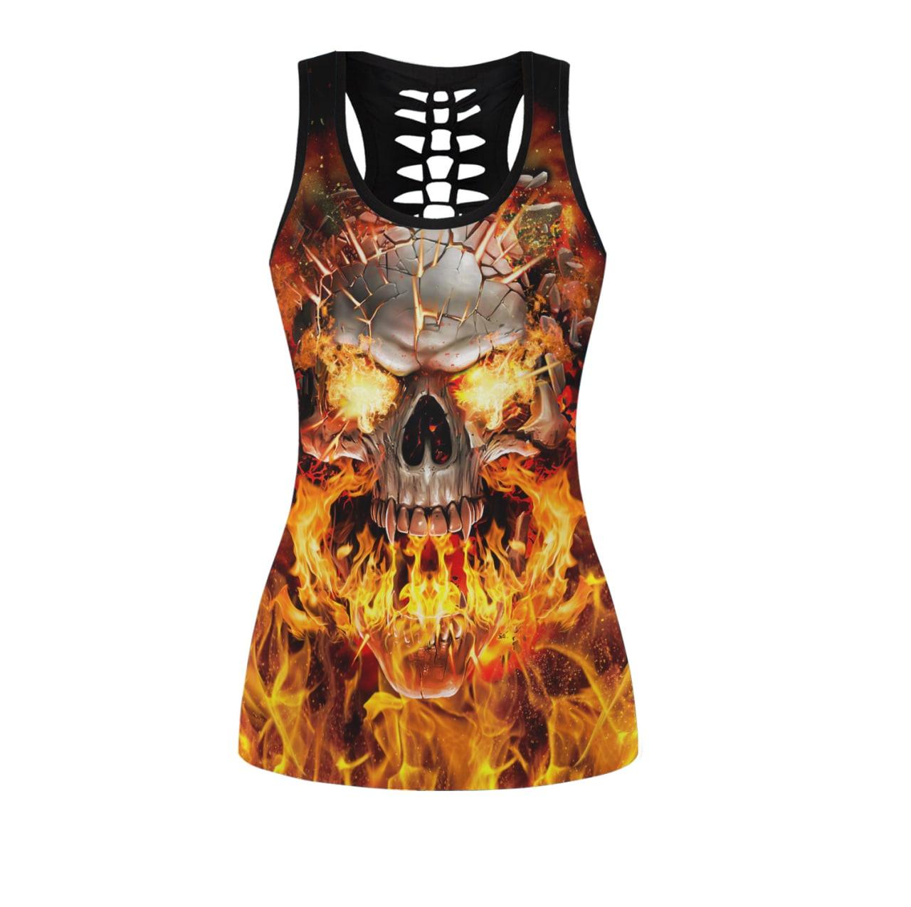 Skull Gothic Flame Leggings And Hollow Tank Top Set-Wonder Skull