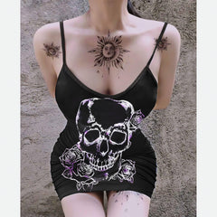 Skull Gothic Rose Drawing Art Printed Body Dress, Naughty Sleeveless Minidress For Women-Wonder Skull