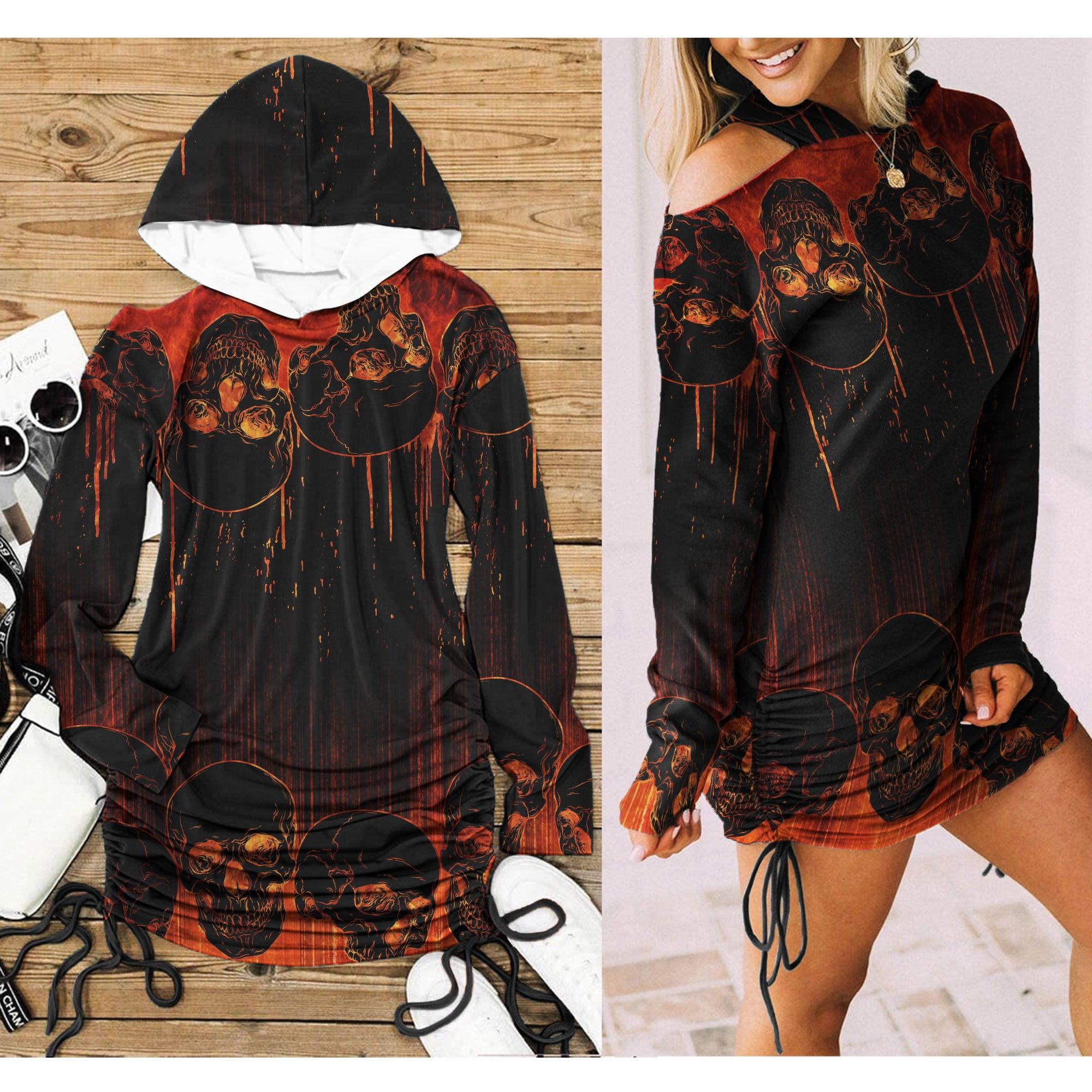 Skull Melting All Over Print Women One Shoulder Dress With Waist Shirring, Long Hoodie For Women - Wonder Skull