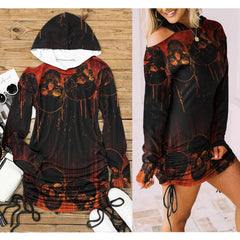 Skull Melting All Over Print Women One Shoulder Dress With Waist Shirring, Long Hoodie For Women - Wonder Skull
