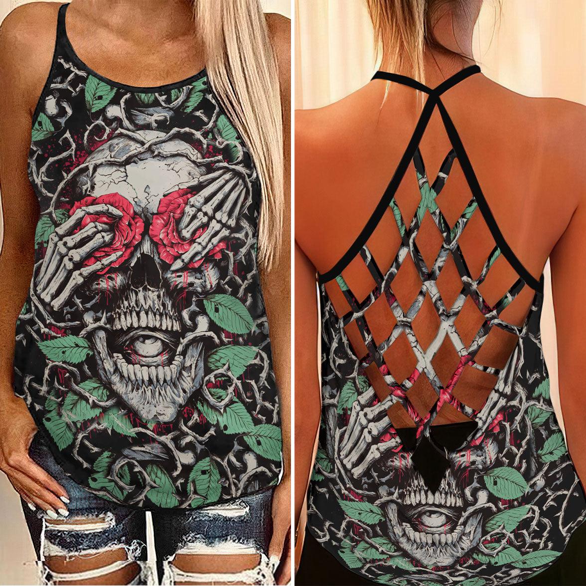 Skull Rose Thorn Artwork Criss-Cross Open Back Tank Top, Coolest T-Shirt For Women - Wonder Skull