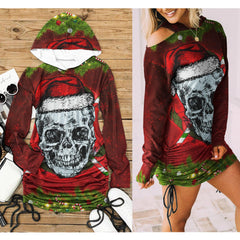 Skull Santa Print Open Shoulder Dress-Wonder Skull