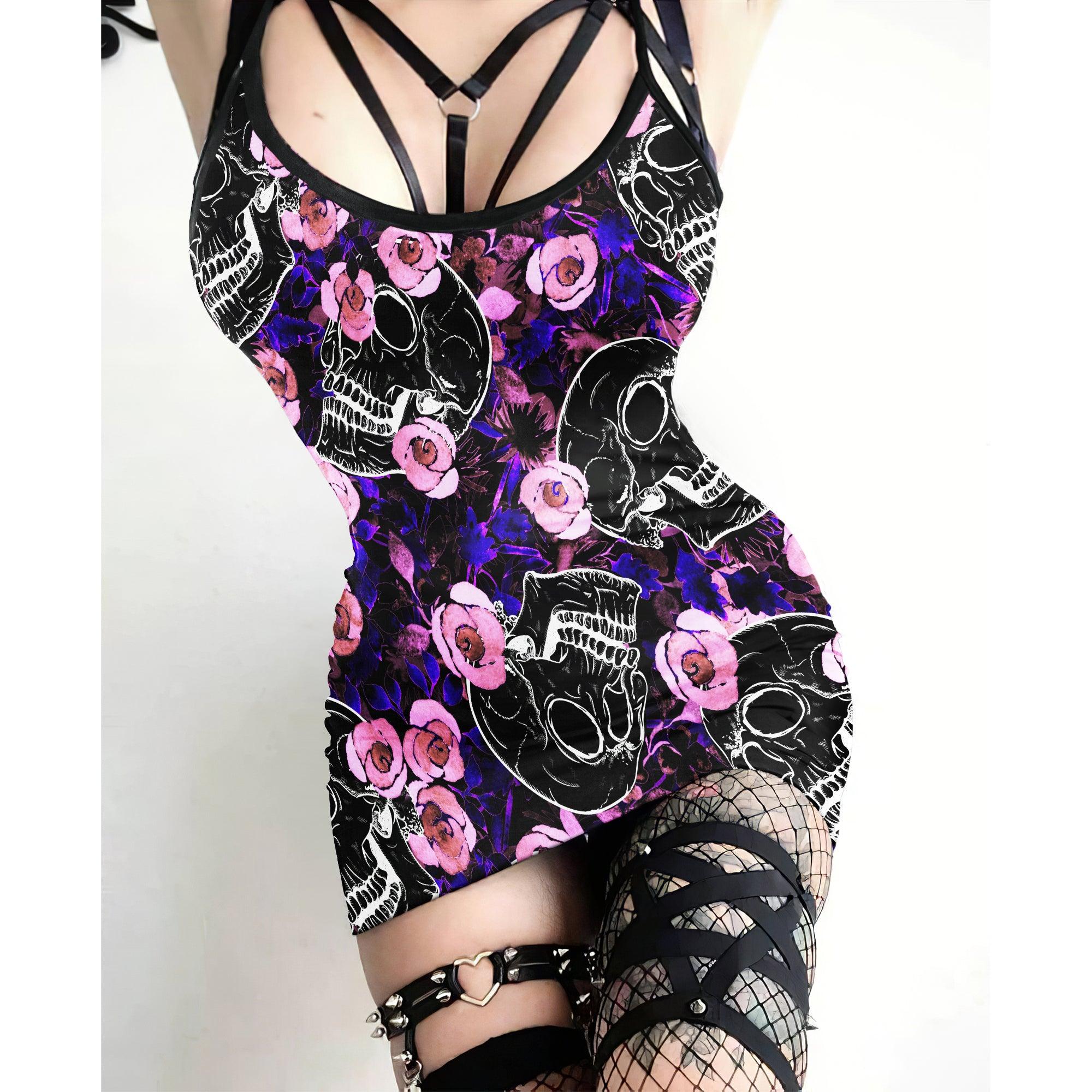 SlateBlue Skull Death Printed Body Dress, Naughty Sleeveless Minidress For Women-Wonder Skull