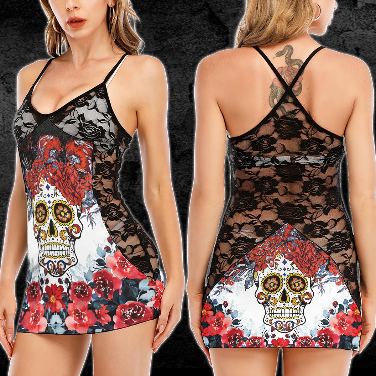 Sugar Skull Red Rose Lace Cami Dress - Wonder Skull