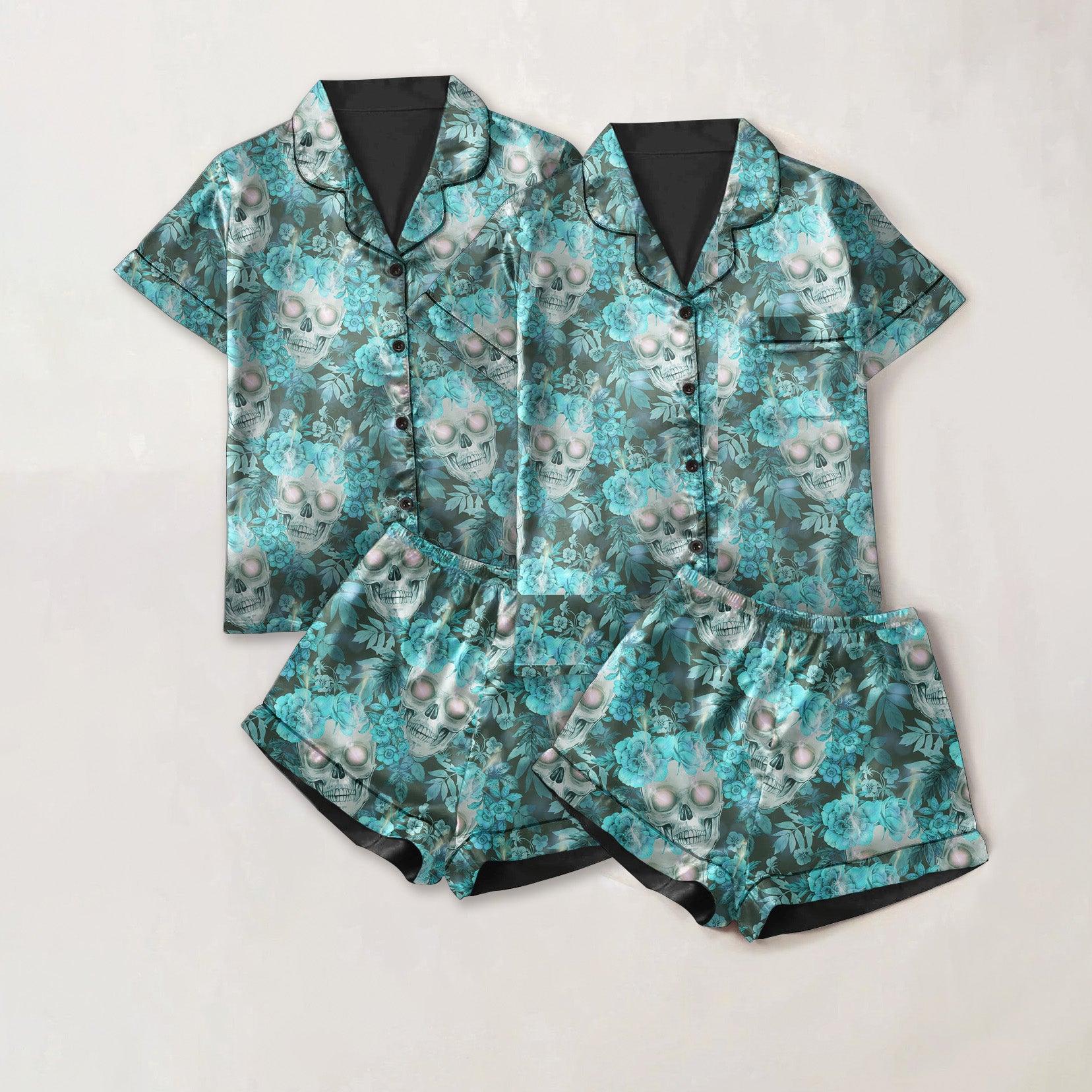 Cool Skull Flower Pattern Sexy Pajama Sets With Short Sleeve - Wonder Skull