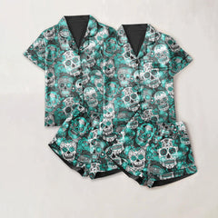 Skull Sugar Cyan Sexy Pajama Sets With Short Sleeve - Wonder Skull