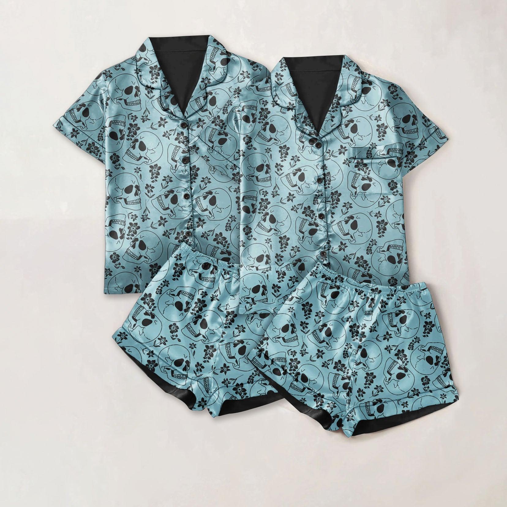 Skull Flower Gothic Cyan Sexy Pajama Sets With Short Sleeve - Wonder Skull
