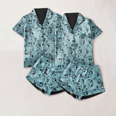 Skull Flower Gothic Cyan Sexy Pajama Sets With Short Sleeve - Wonder Skull