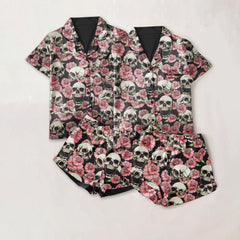 Skull Rose Pattern Sexy Pajama Sets With Short Sleeve - Wonder Skull