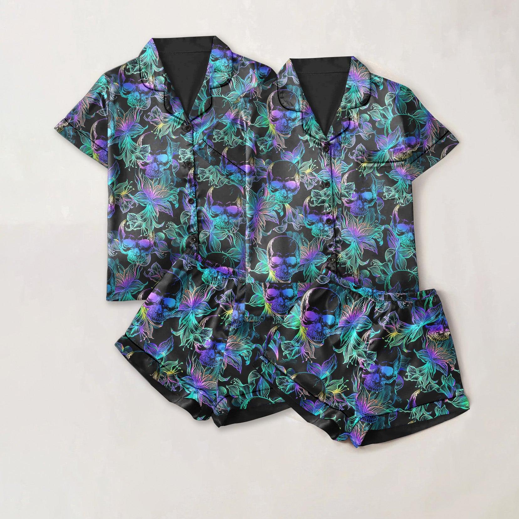 Skull Lotus Colorful Sexy Pajama Sets With Short Sleeve - Wonder Skull