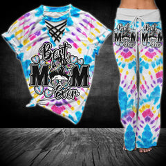Tiedye Blue Yelow Skull Mom V-Neck Shirt And Wide Legs Pants - Wonder Skull