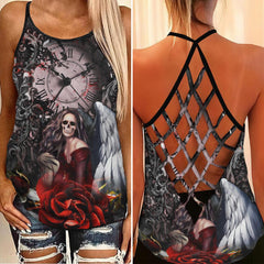 Timeless Skull Girl Gothic Rose Criss-Cross Open Back Tank Top, Coolest T-Shirt For Women - Wonder Skull
