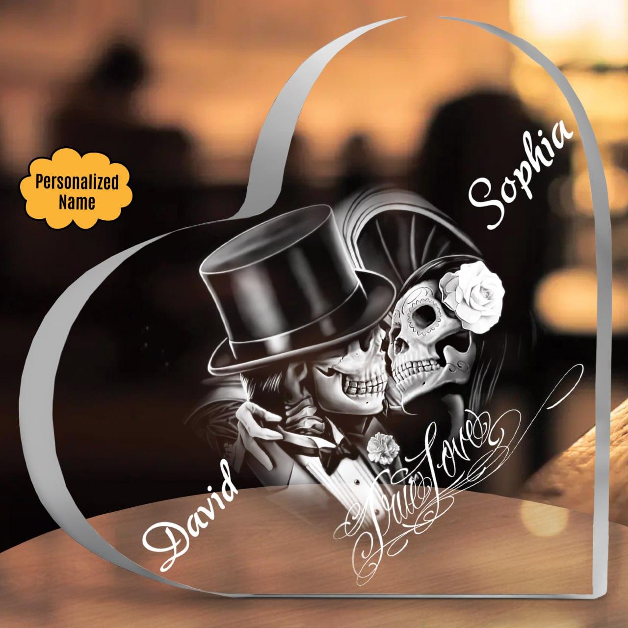True Love - Customized Skull Couple Crystal Heart Anniversary Gifts - Wonder Skull