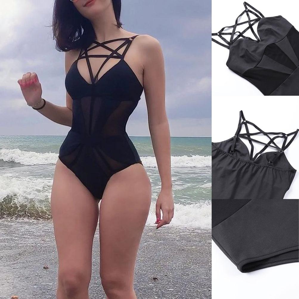 Gothic Pentagram One Piece, Backless Swimsuit For Women - Wonder Skull