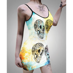 Vintage Ancient Mandala Skull Printed Body Dress, Naughty Sleeveless Minidress For Women-Wonder Skull