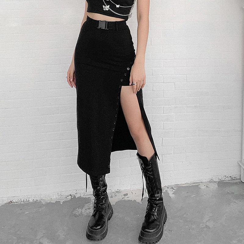 Vintage Gothic A-Line Cut Long Skirt, Sexy Buckle Front Clubwear For Women - Wonder Skull