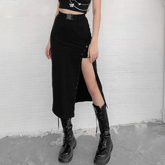 Vintage Gothic A-Line Cut Long Skirt, Sexy Buckle Front Clubwear For Women - Wonder Skull