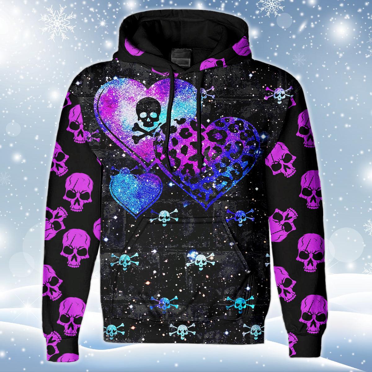 Violet Skull Heart Print Unisex Pullover Hoodie-Wonder Skull