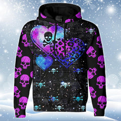 Violet Skull Heart Print Unisex Pullover Hoodie-Wonder Skull