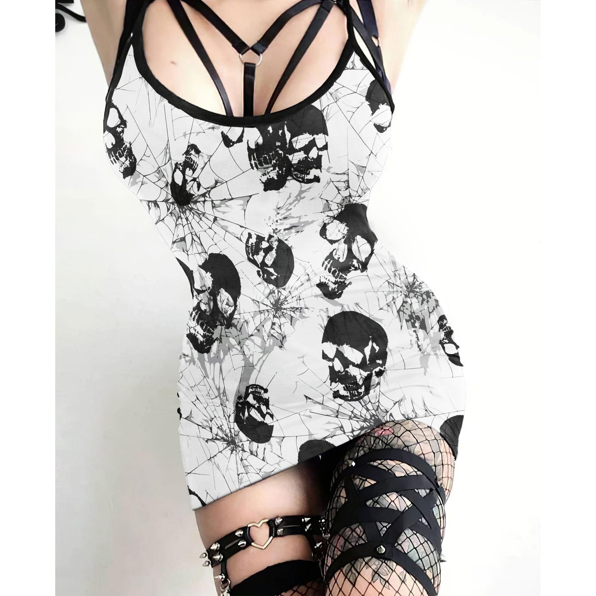 Vogue Gothic Skull Net Pattern Printed Body Dress, Hot Sleeveless Minidress For Women-Wonder Skull