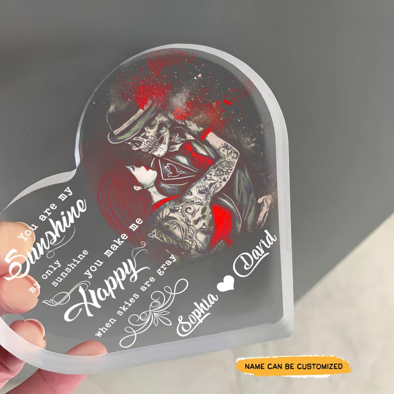 You Are My Sunshine - Customized Skull Couple Crystal Heart Anniversary Gifts - Wonder Skull