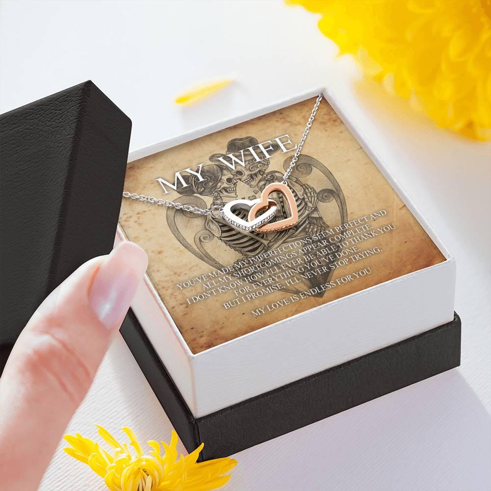 To My Wife Interlocking Hearts with Mahogany Style Luxury Box & POD Message Card - Wonder Skull