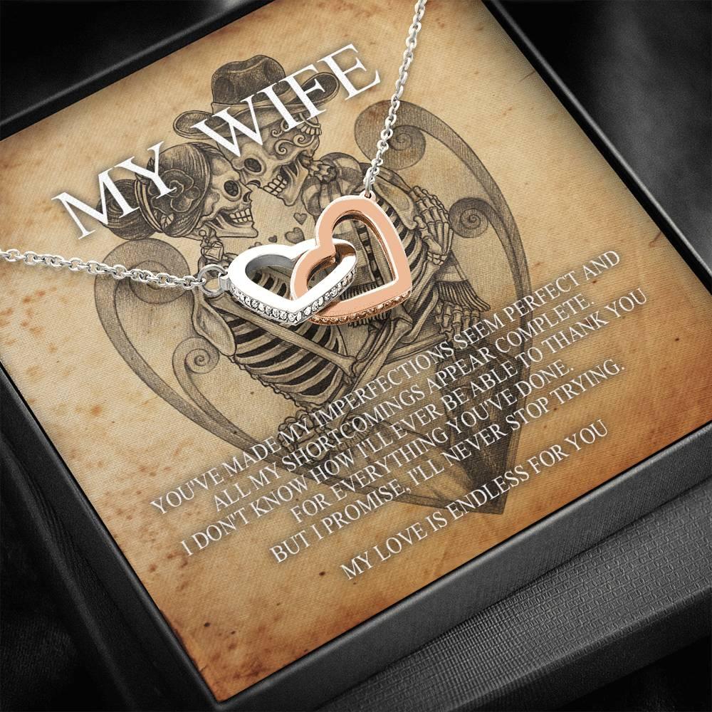 To My Wife Interlocking Hearts with Mahogany Style Luxury Box & POD Message Card - Wonder Skull