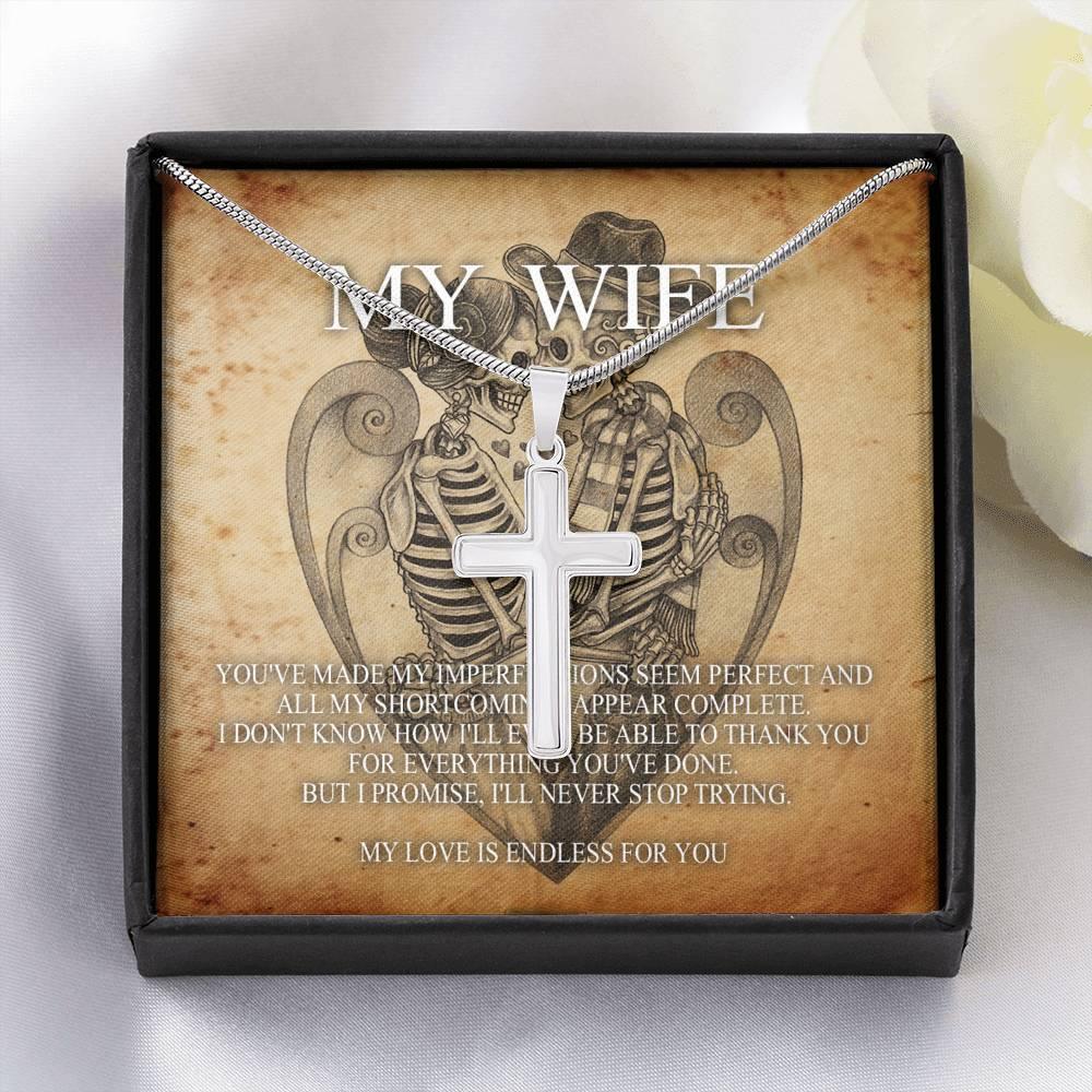 To My Wife Artisan Crafted Cross with Mahogany Style Luxury Box & POD Message Card - Wonder Skull