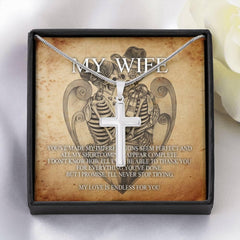 To My Wife Artisan Crafted Cross with Mahogany Style Luxury Box & POD Message Card - Wonder Skull