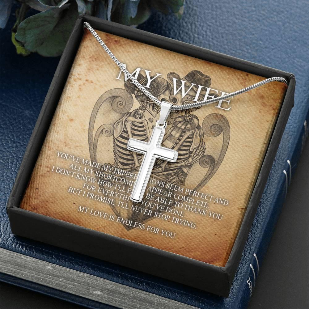 To My Wife Artisan Crafted Cross with Mahogany Style Luxury Box & POD Message Card - Wonder Skull