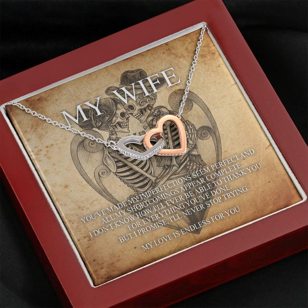 To My Wife Interlocking Hearts with Mahogany Style Luxury Box & POD Message Card - Wonder Skull
