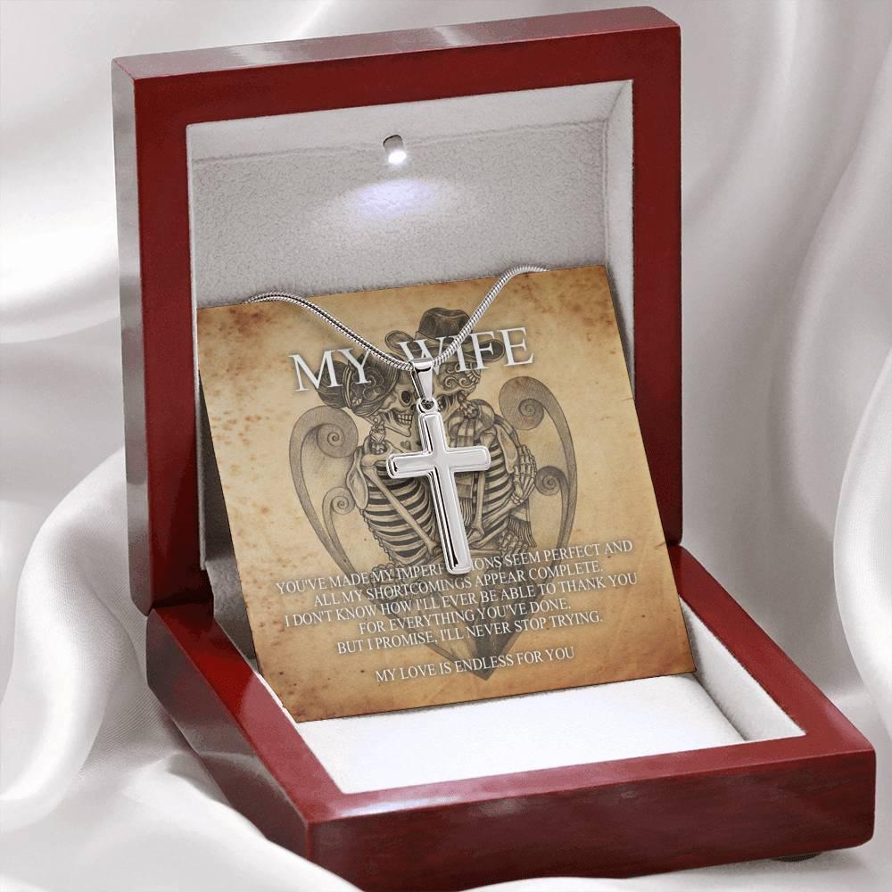 To My Wife Artisan Crafted Cross with Mahogany Style Luxury Box & POD Message Card - Wonder Skull