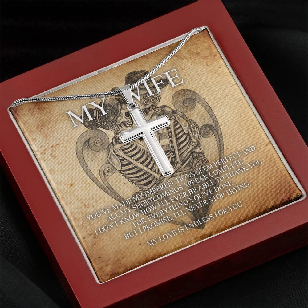 To My Wife Artisan Crafted Cross with Mahogany Style Luxury Box & POD Message Card - Wonder Skull