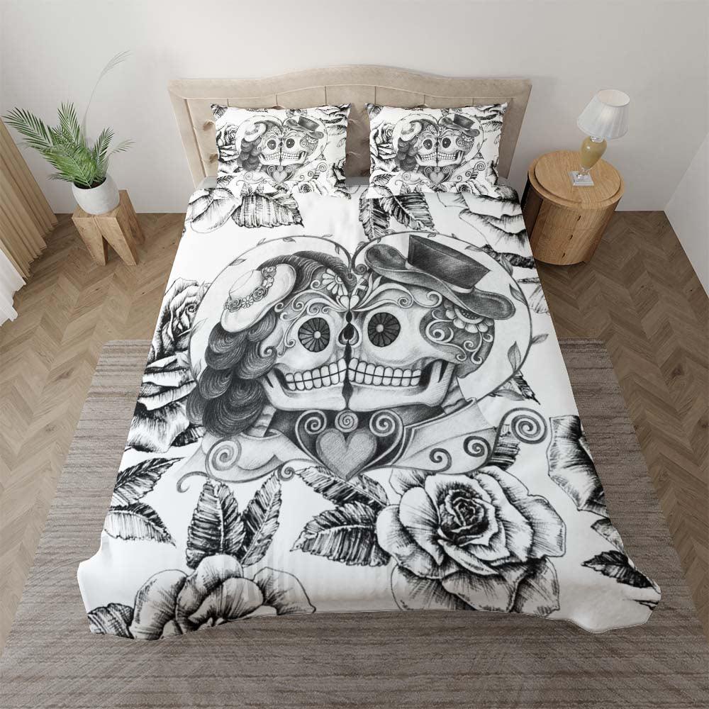 Black And White Couple Skull Love Duvet Cover Set - Wonder Skull