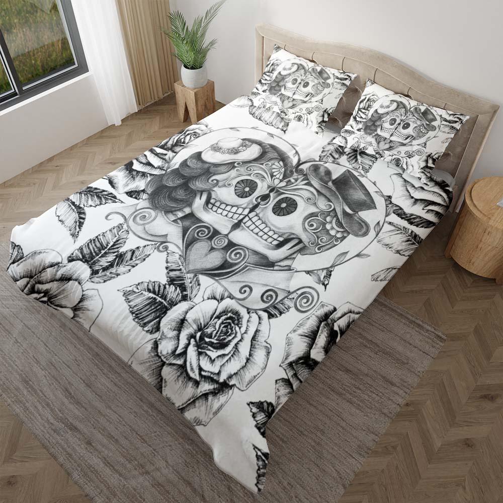 Black And White Couple Skull Love Duvet Cover Set - Wonder Skull