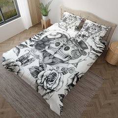 Black And White Couple Skull Love Duvet Cover Set - Wonder Skull